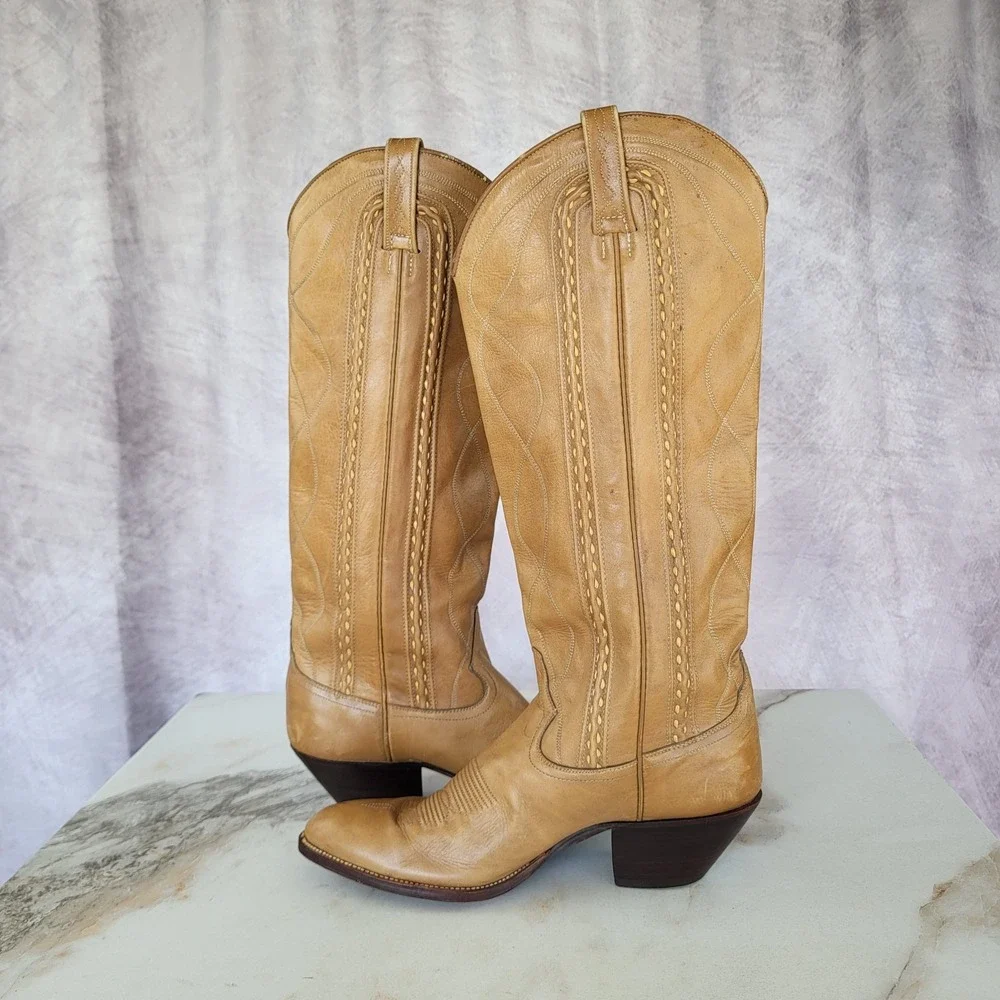 Dan Post Classic Knee High Western CowboyBoots Tan Women's Size 8 C